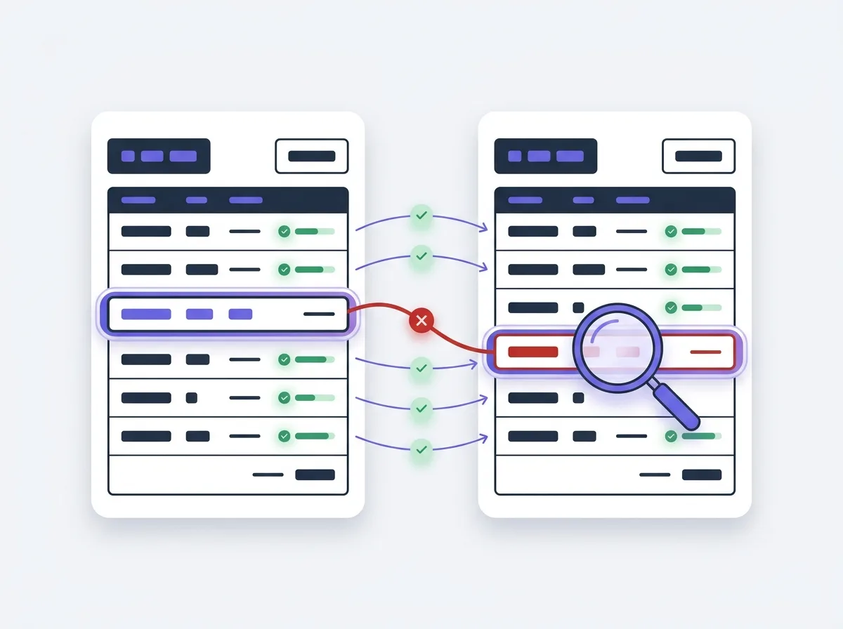 Illustration: two statements compared line by line, one mismatch flagged